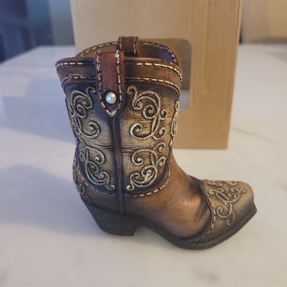 Western Style Brown Cowboy Boot Pen Holder, - Picture 3 of 6